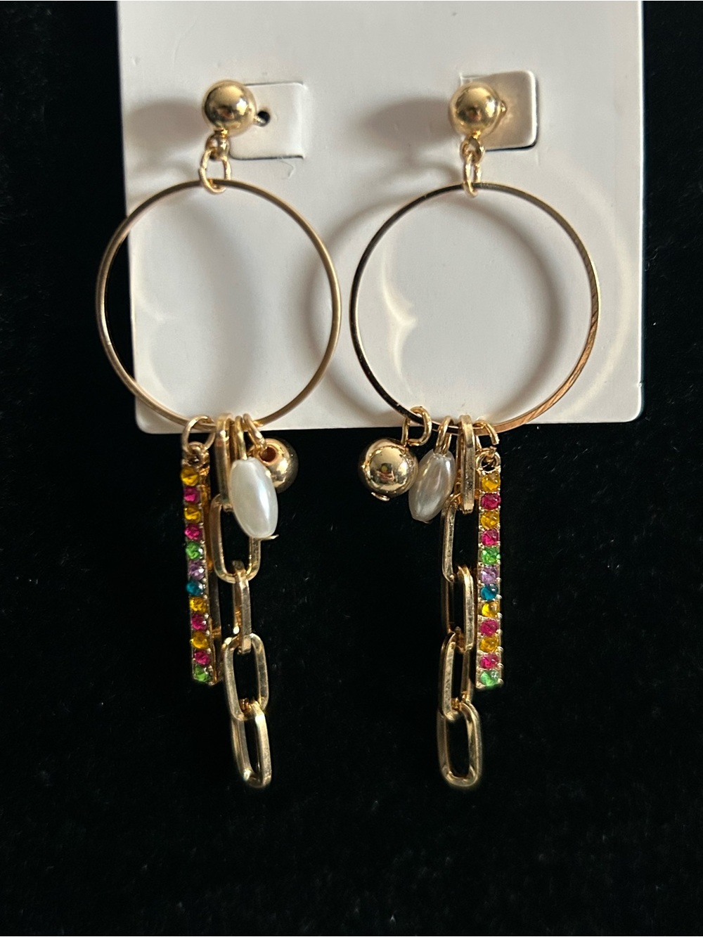 New Gold Hoop Drop Earrings with Multicolor Crystal Bars and Pearl Charms